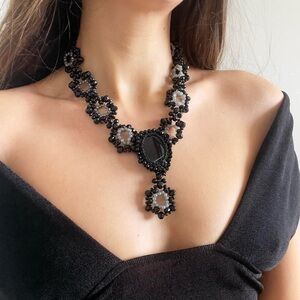 Black flower beaded knit necklace with black gemstone | Gothic whimsigoth